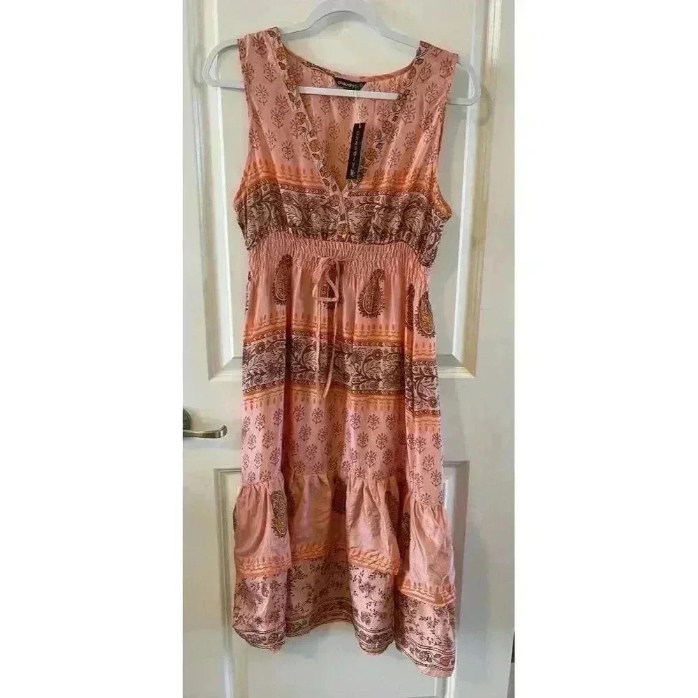 NWT Chaudry KC Size Large 100% Silk Coral Ruffle Floral Knee Length Boho Peasant